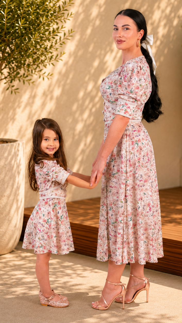 Set rochii mama fiica midi cu imprimeu floral roz