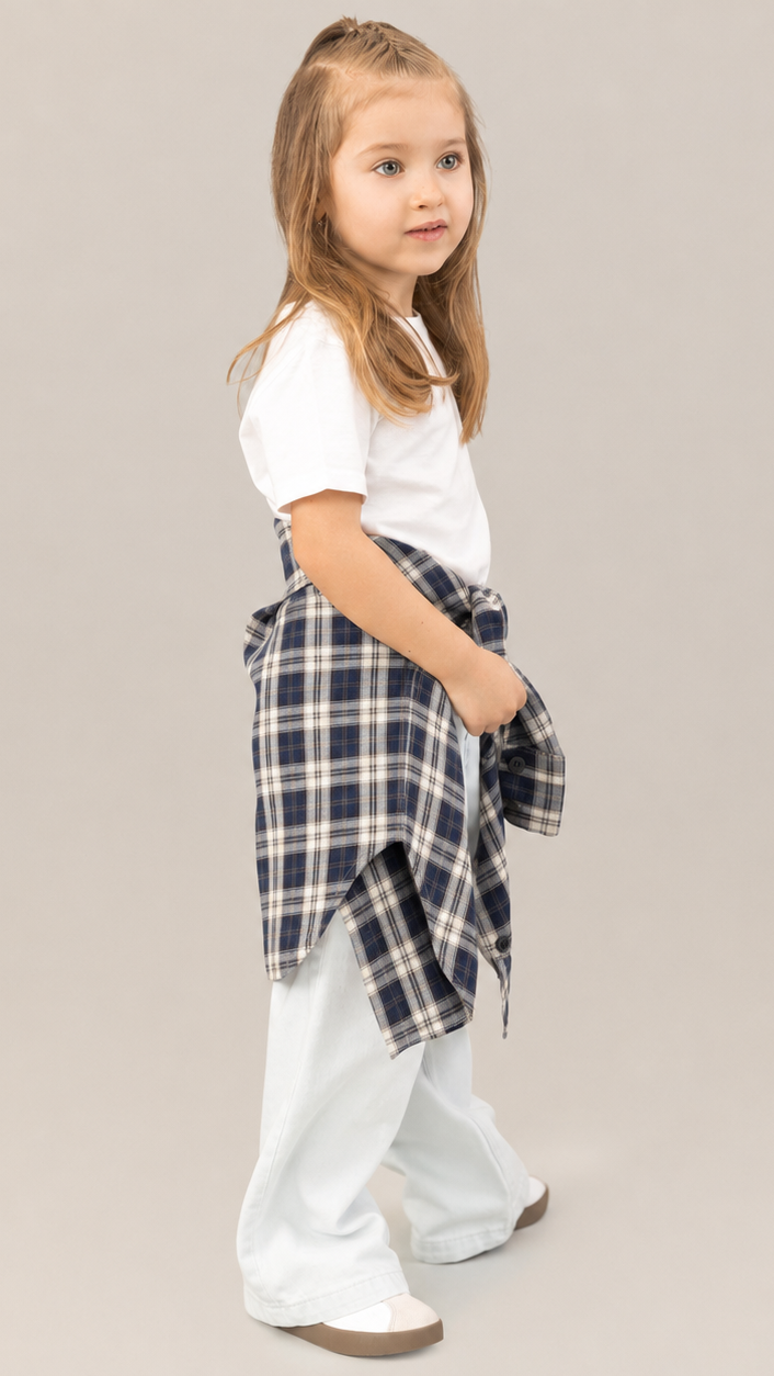 Camasa fete in carouri bleumarin - crem, oversize, cu perforatii fine