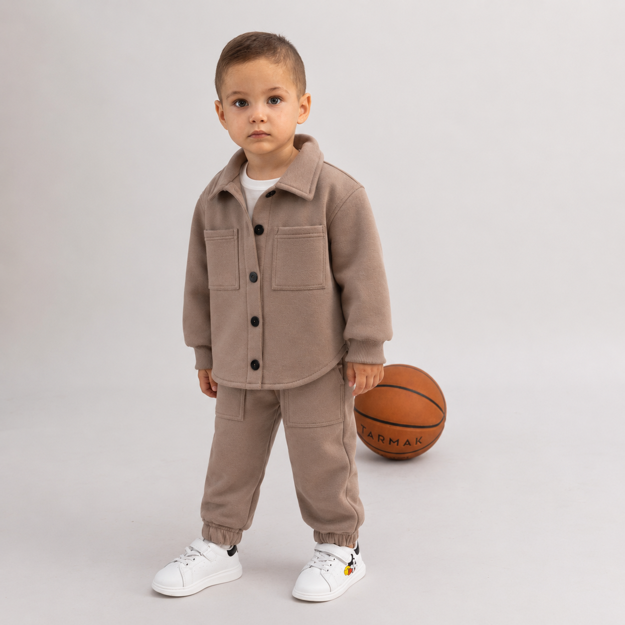 Trening baieti cappuccino format din jacheta tip camasa si pantaloni jogger