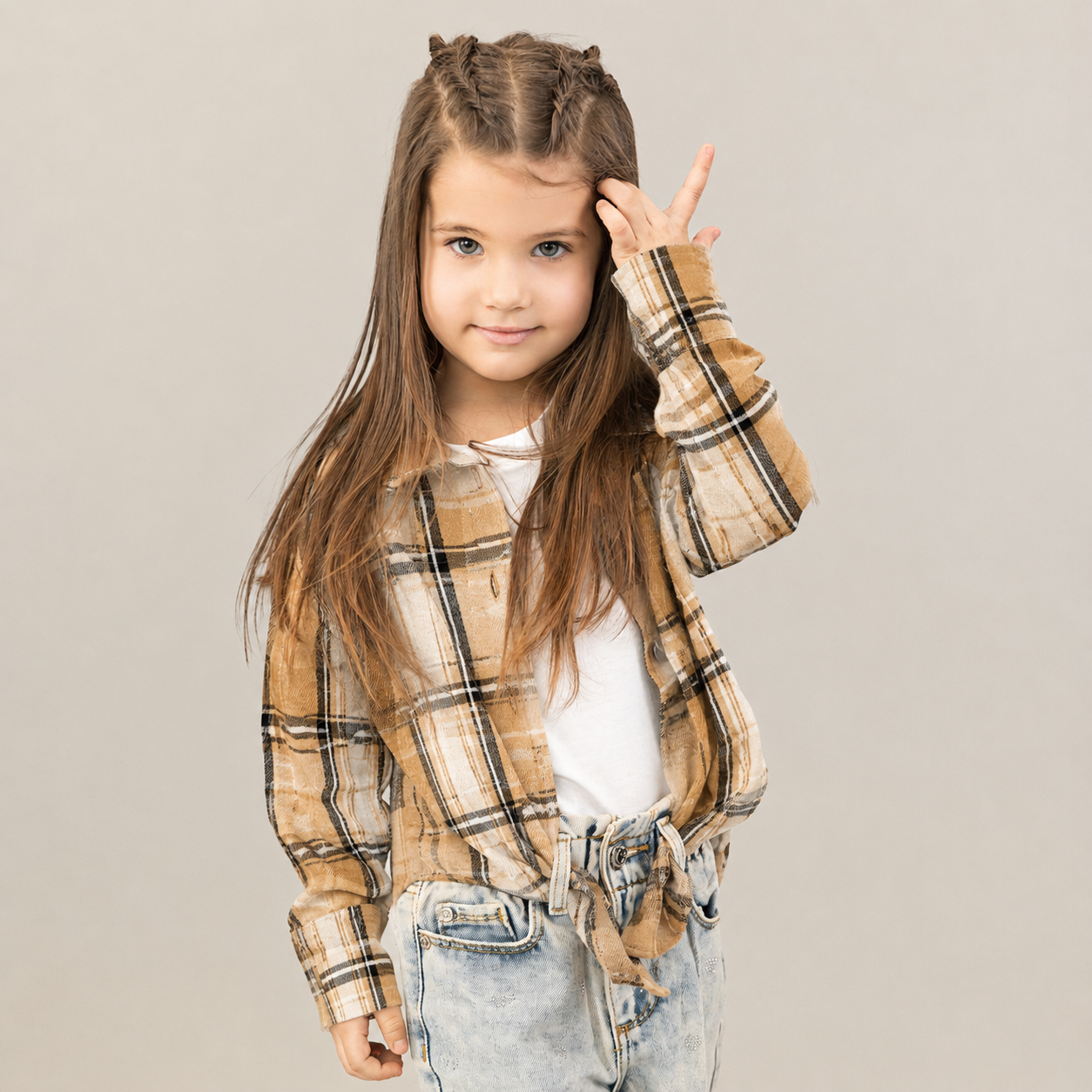 Camasa fete in carouri crem-negru, oversize, cu perforatii fine
