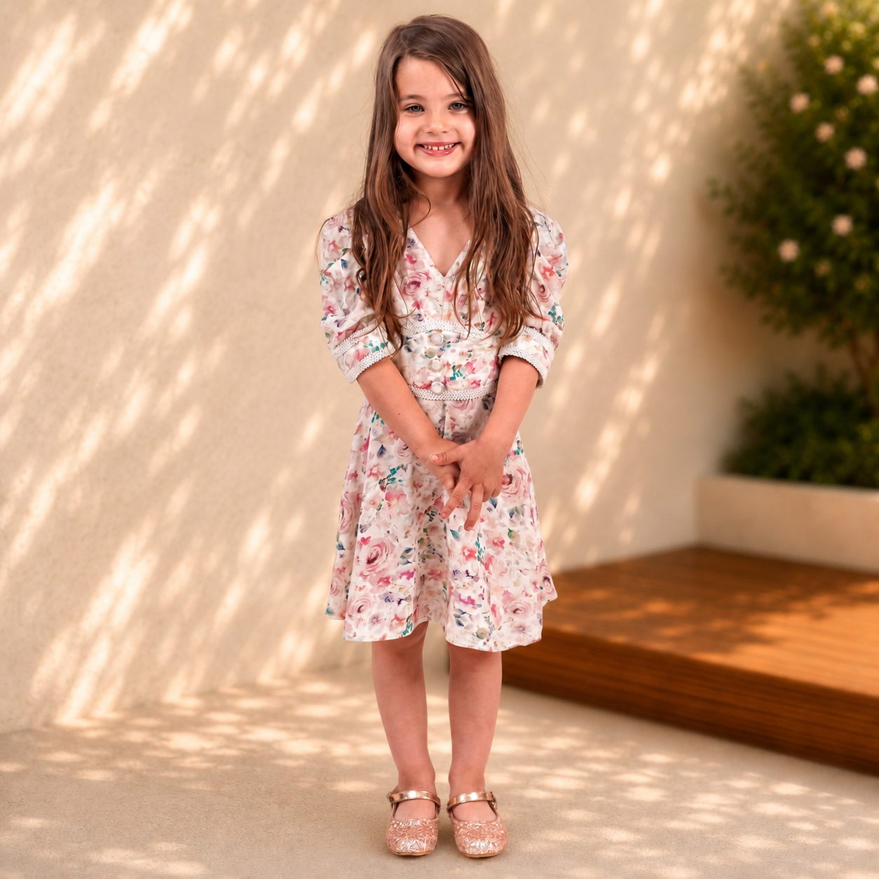 Rochie fete cu imprimeu floral roz