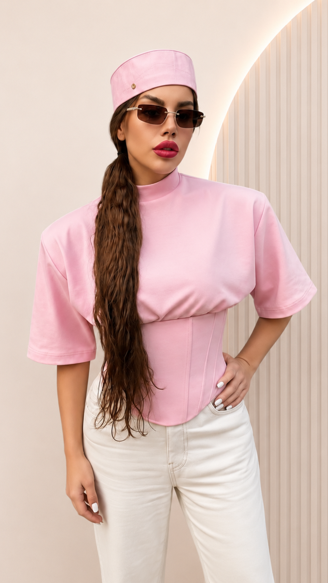 Tricou roz crop top din bumbac premium cu corset si pernite la umeri