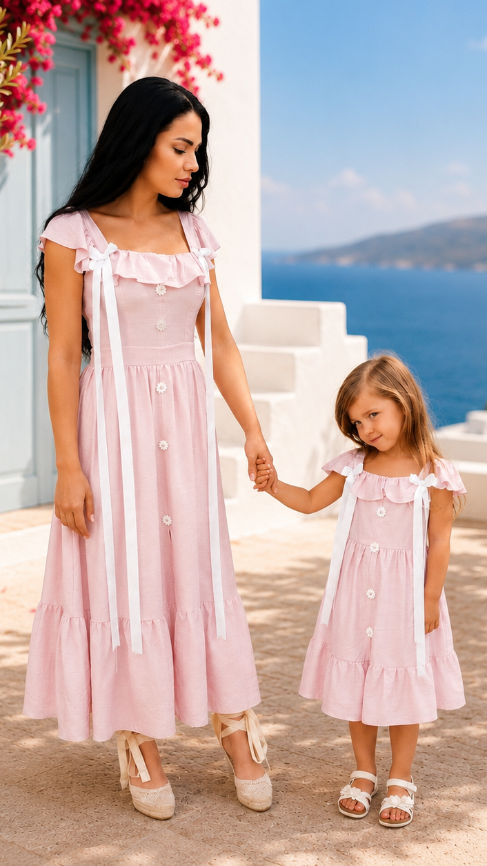 Set rochii mama fiica roz cu volane, nasturi decorativi si funde albe satinate