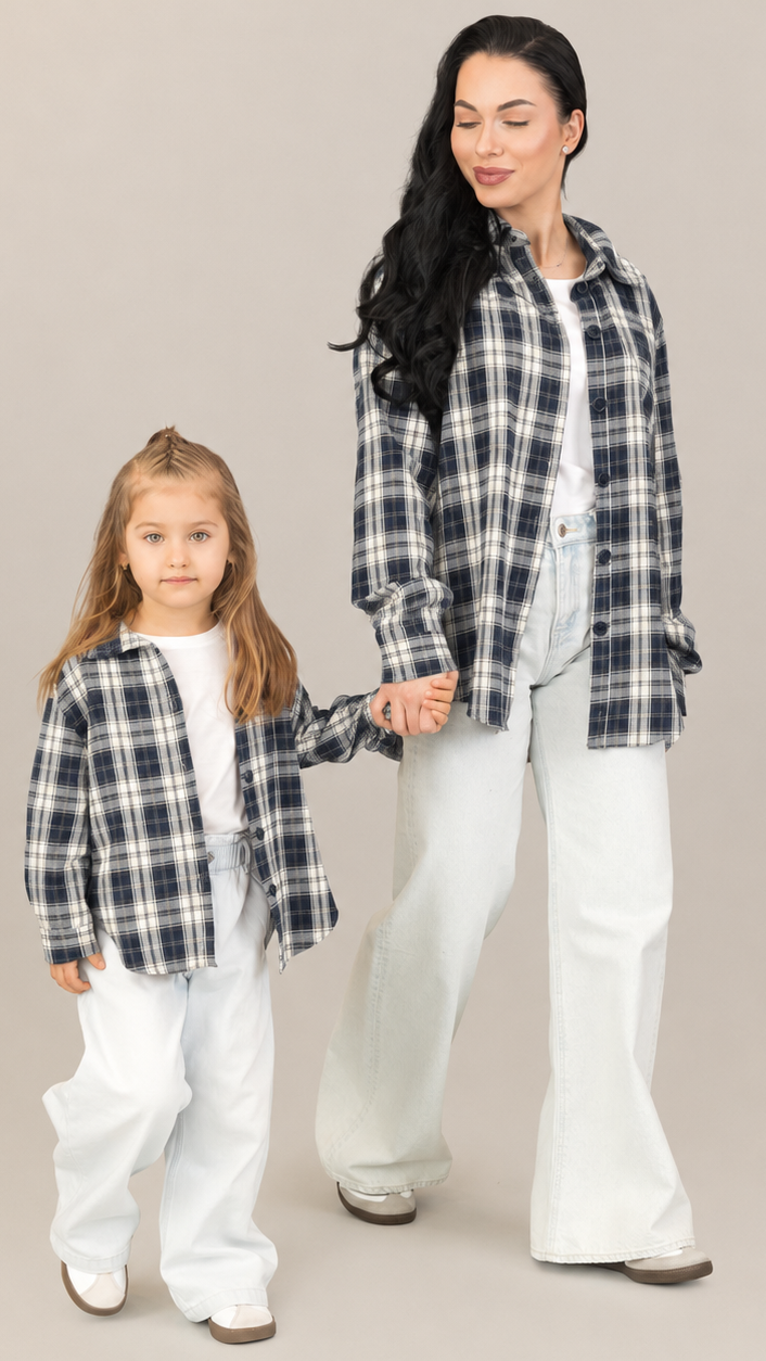 Set camasi mama copil in carouri bleumarin-crem, oversize