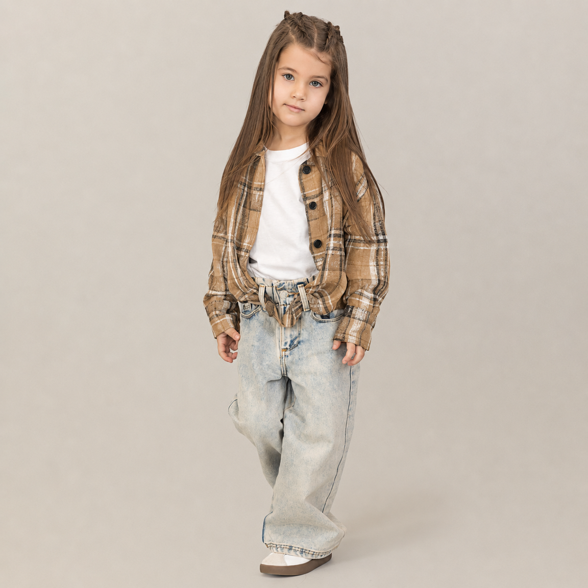 Camasa fete in carouri crem-negru, oversize, cu perforatii fine