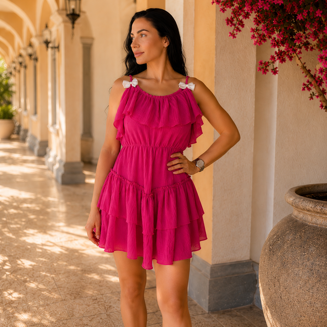 Set rochii mama fiica din muselina magenta cu trena, volane si funde aplicate