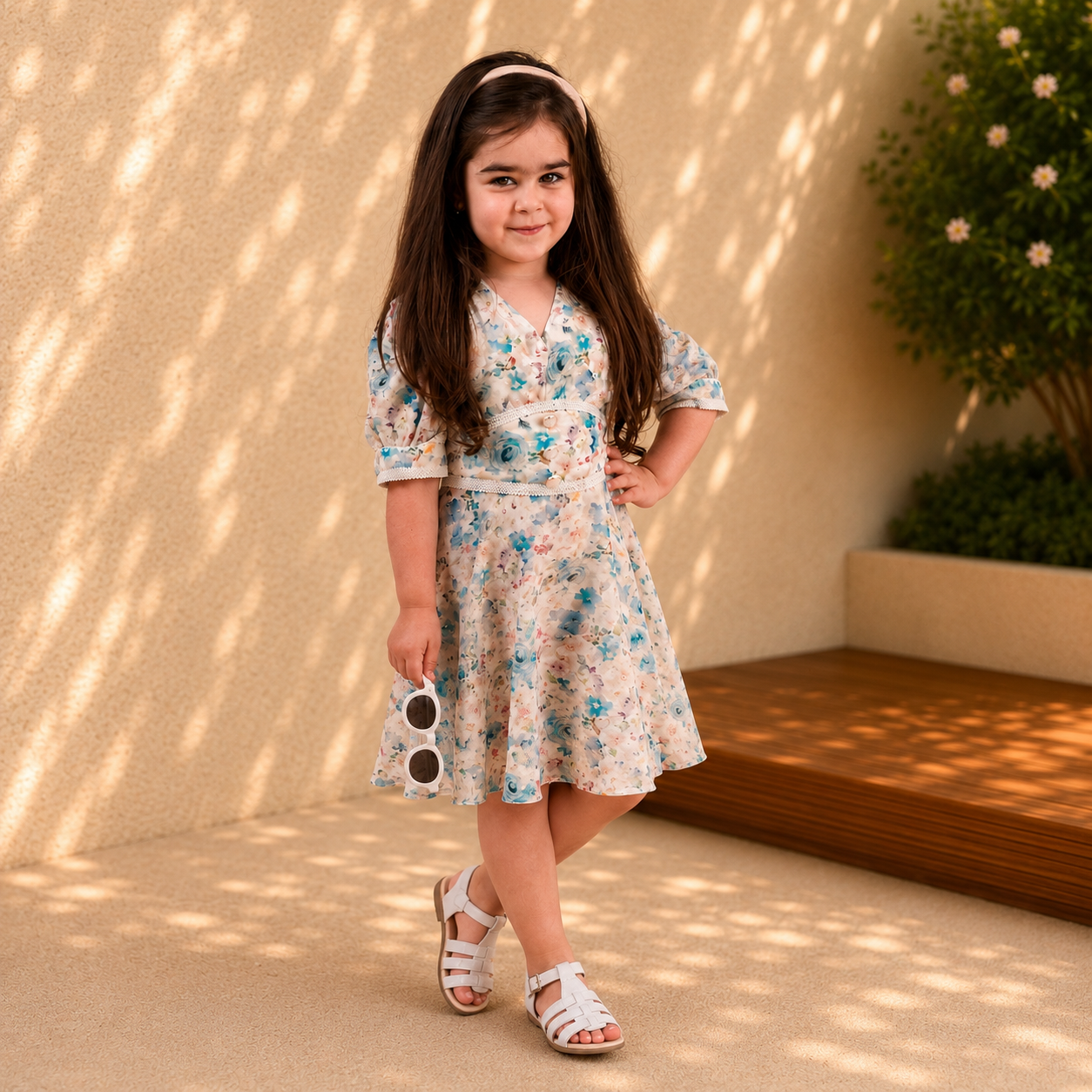 Rochie fete midi cu imprimeu floral bleu