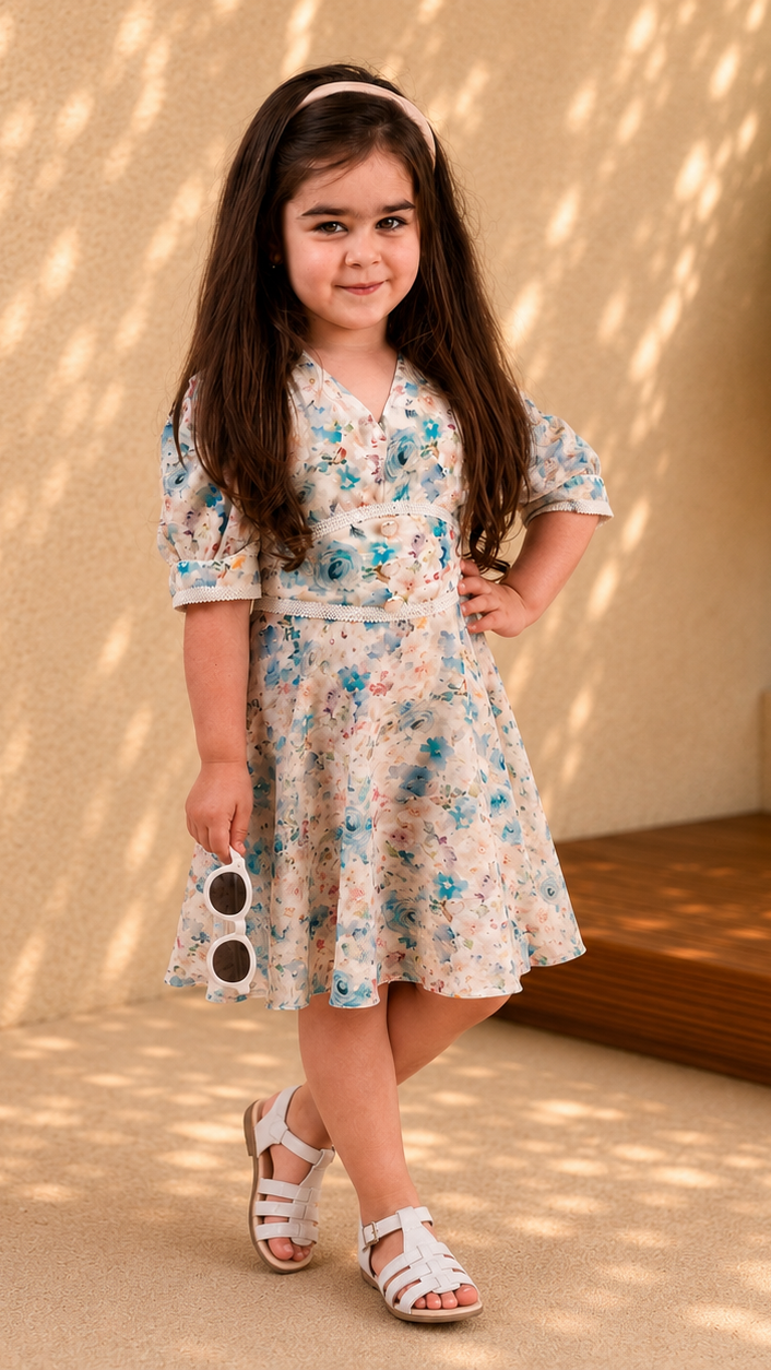 Rochie fete midi cu imprimeu floral bleu
