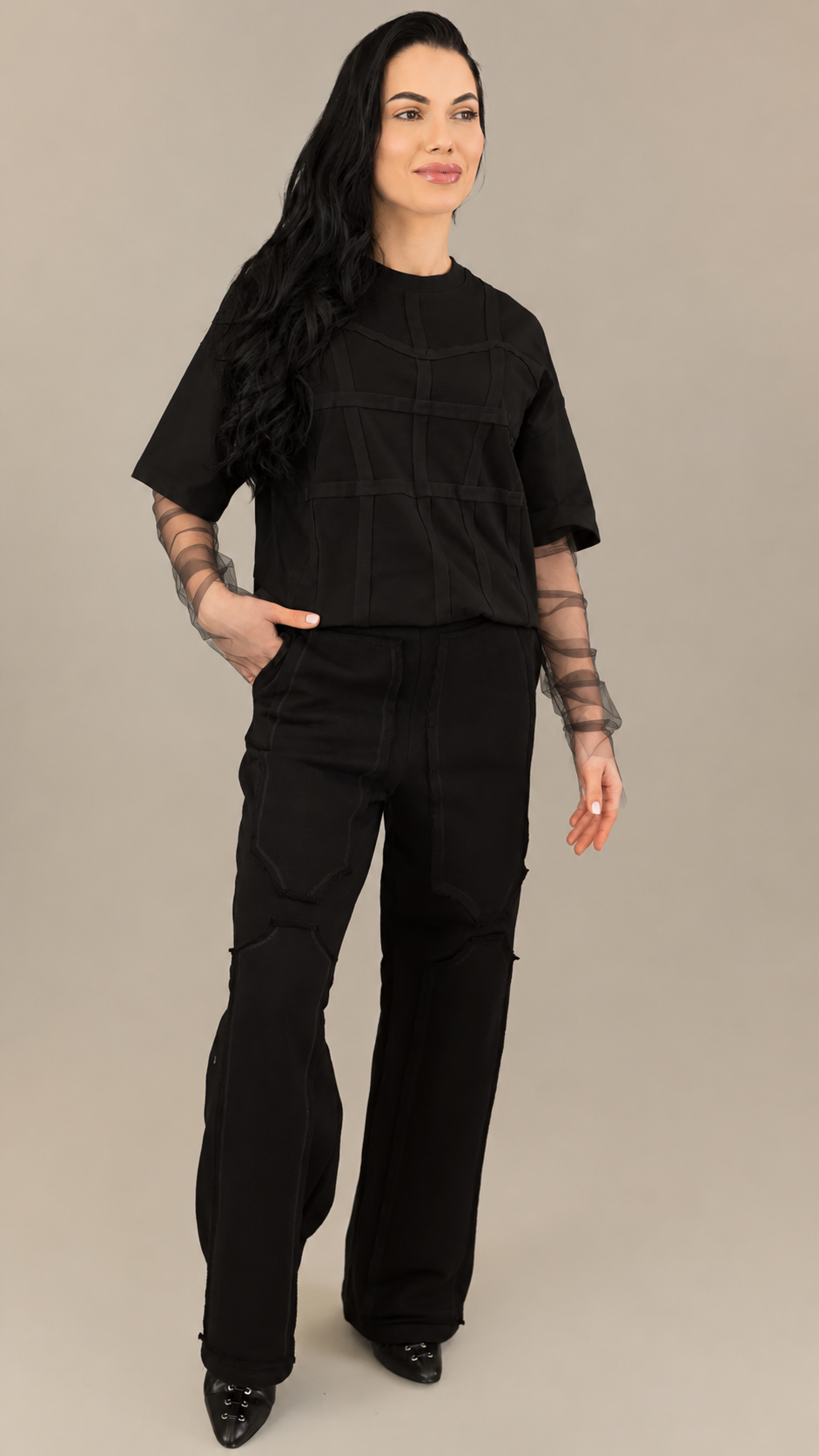 Compleu dama negru cu elemente de corset si maneci din tull detasabile