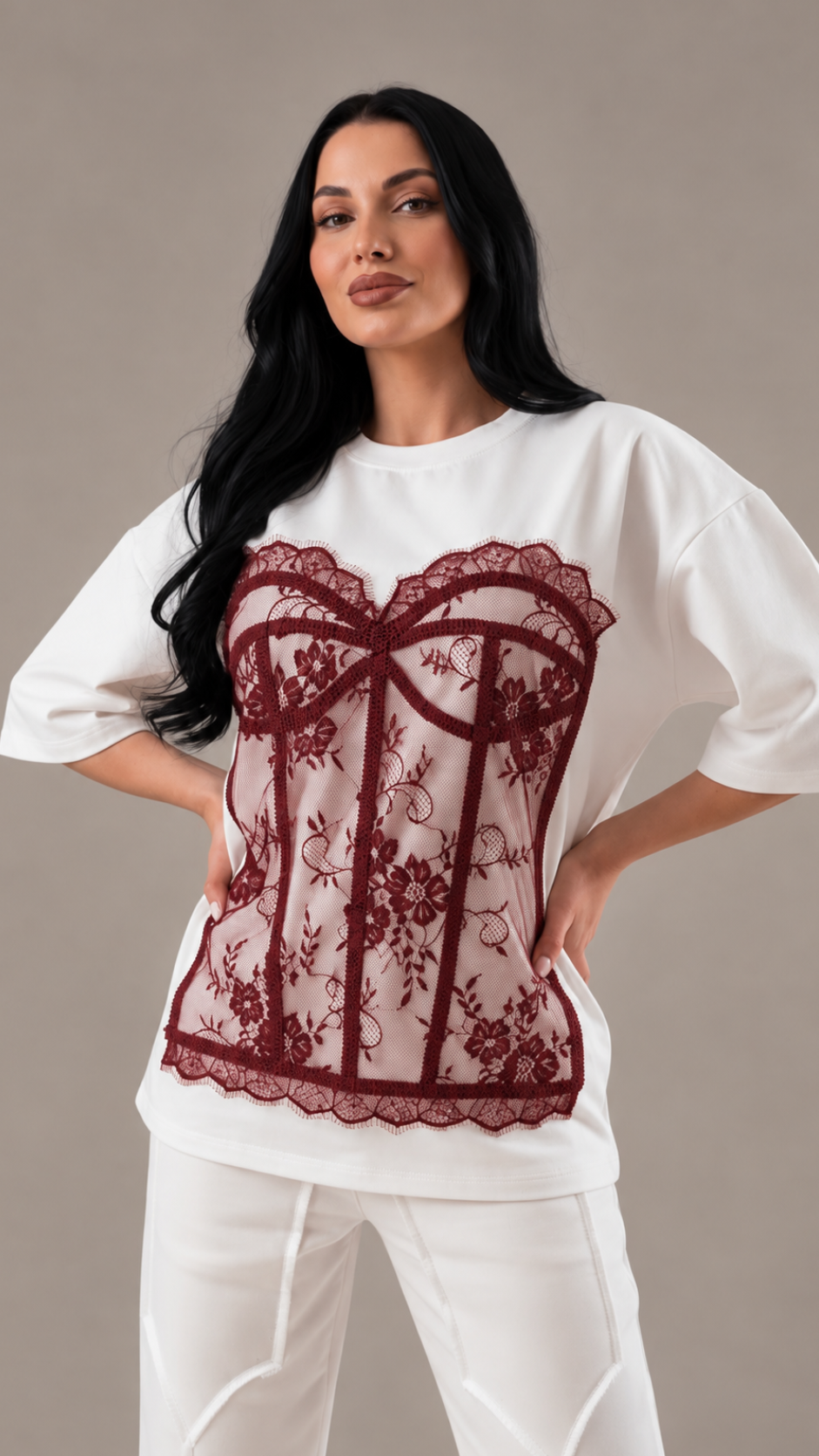 Tricou dama off white din bumbac premium cu corset din dantela burgundy