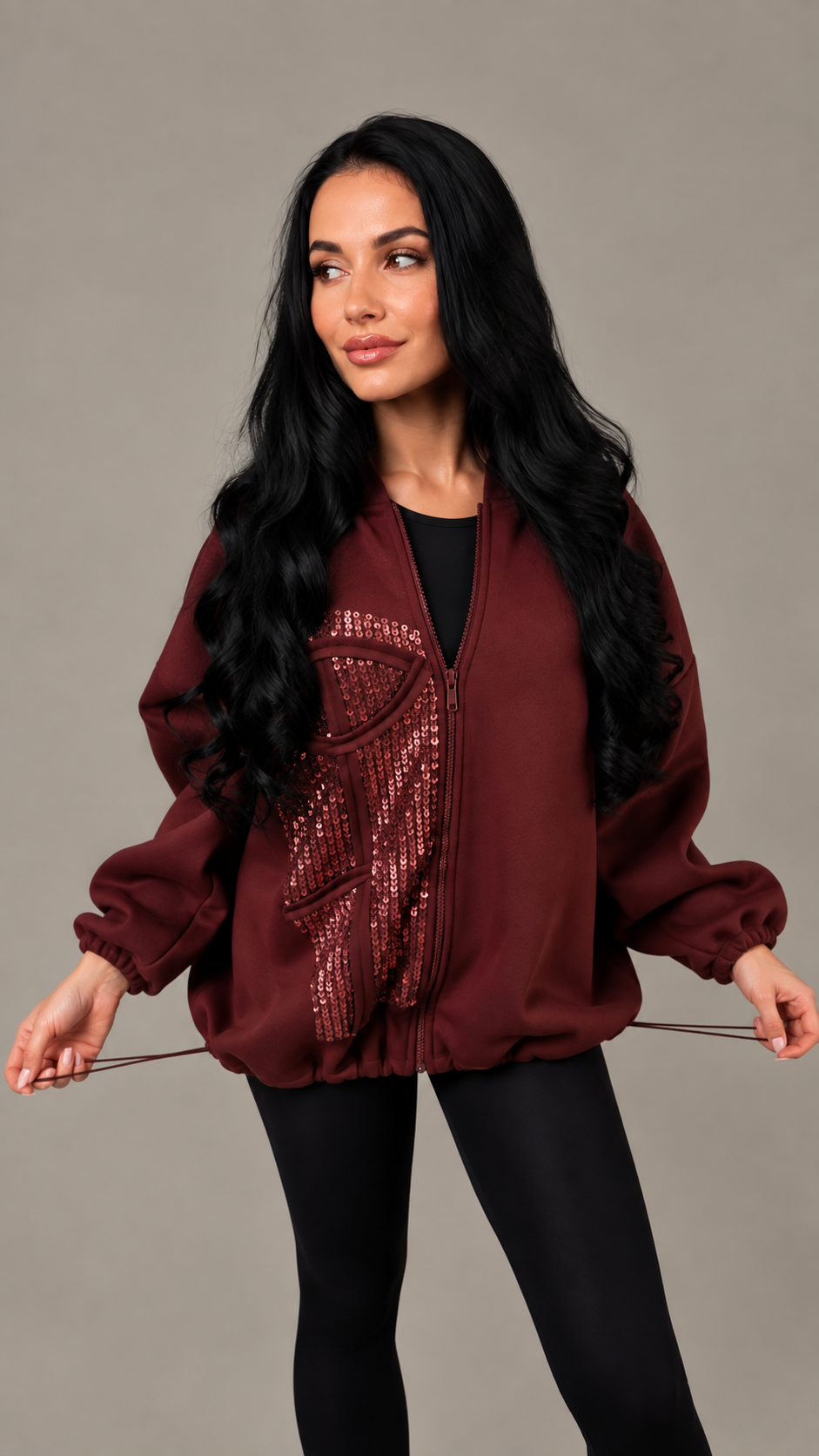 Hanorac dama burgundy cu aplicatie tip corset si paiete