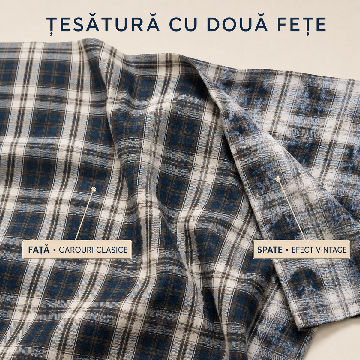 Camasa fete in carouri bleumarin - crem, oversize, cu perforatii fine