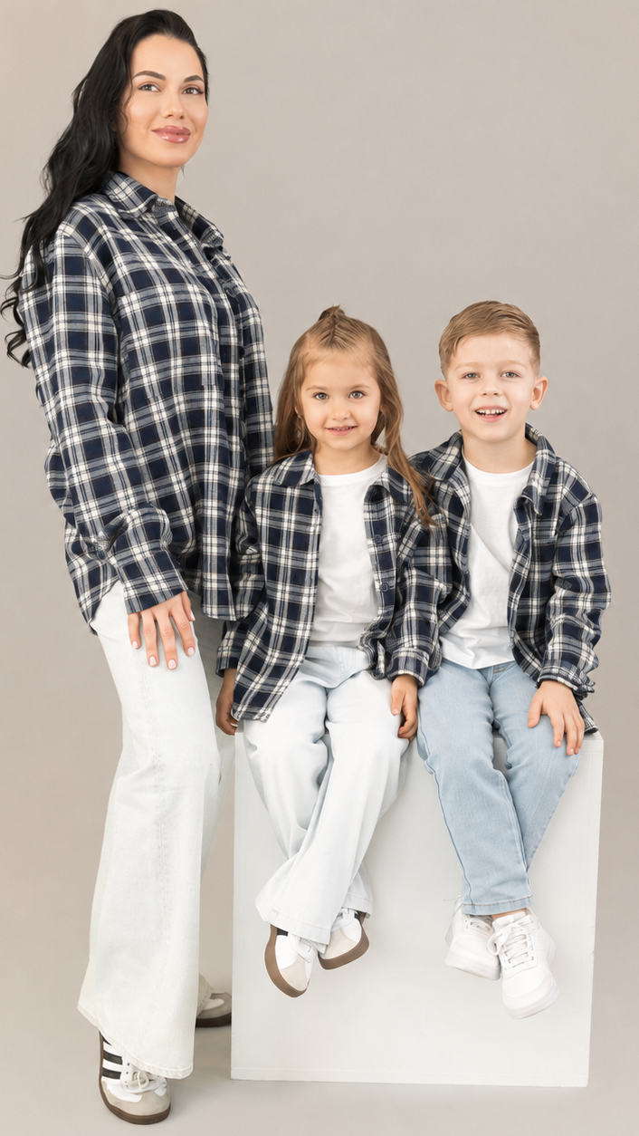 Set camasi mama copil in carouri bleumarin-crem, oversize