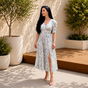 Rochie dama midi cu imprimeu floral bleu