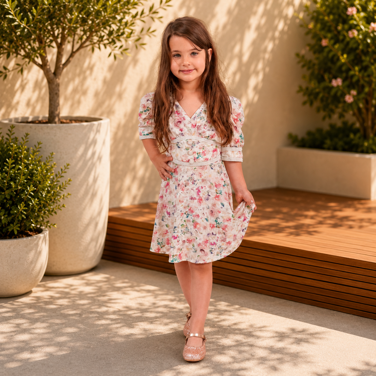 Set rochii mama fiica midi cu imprimeu floral roz