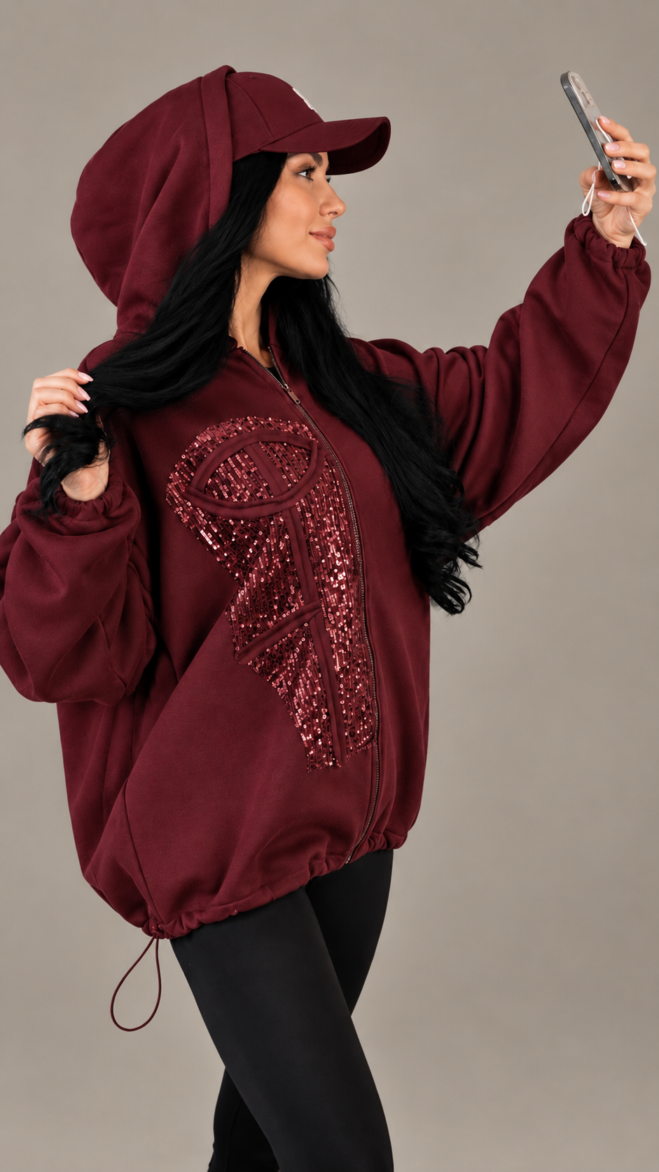 Hanorac dama burgundy cu aplicatie tip corset si paiete