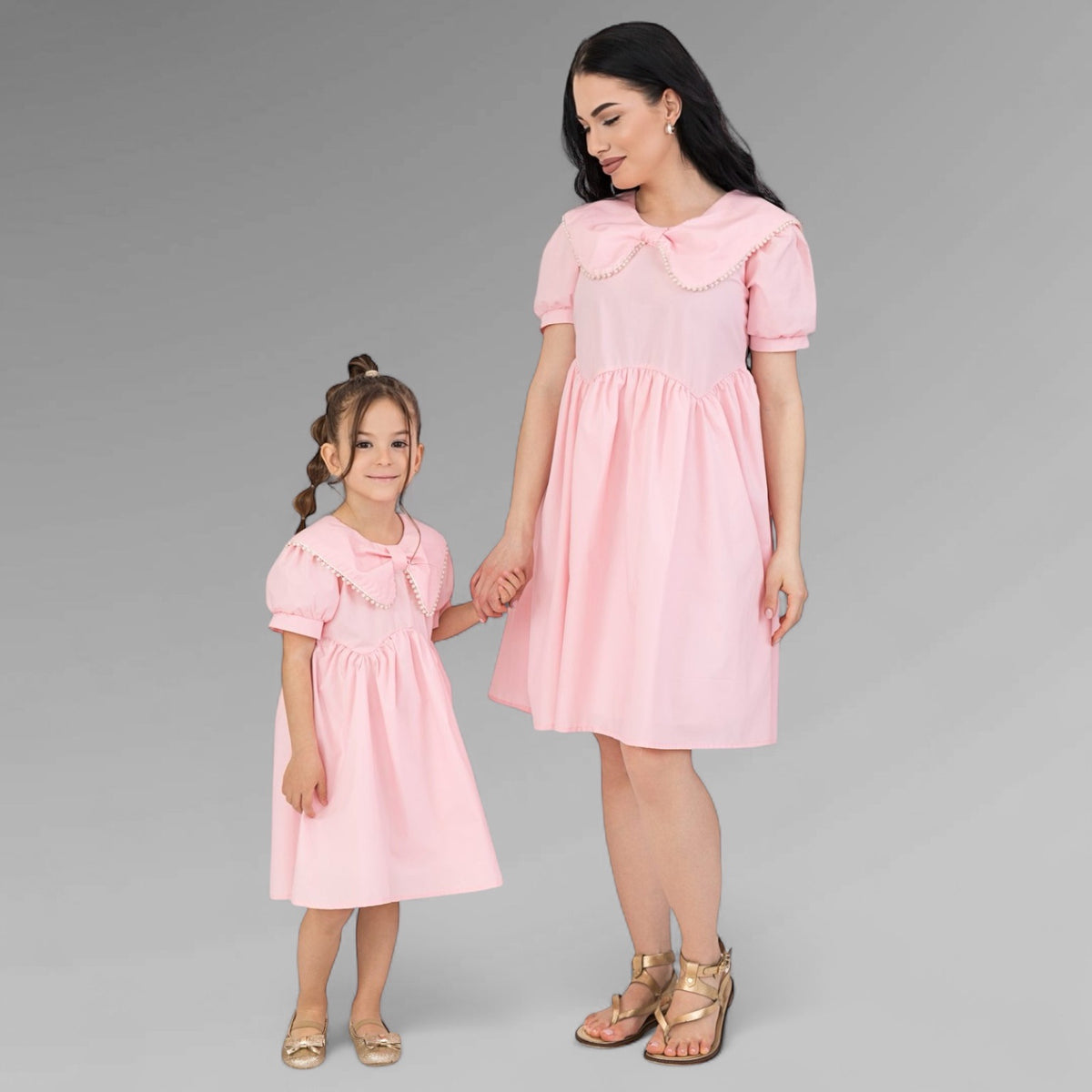 Set rochii mama fiica roz cu guler cu perle - Magic Pearls