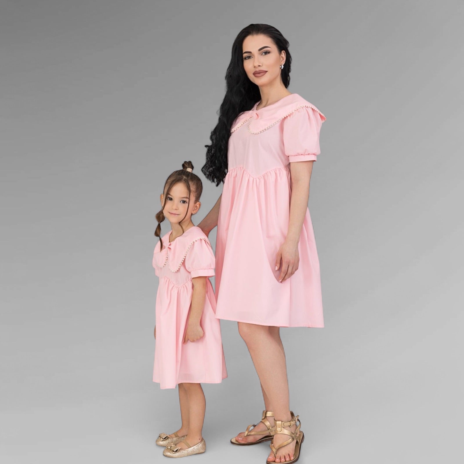 Set rochii mama fiica roz cu guler cu perle - Magic Pearls