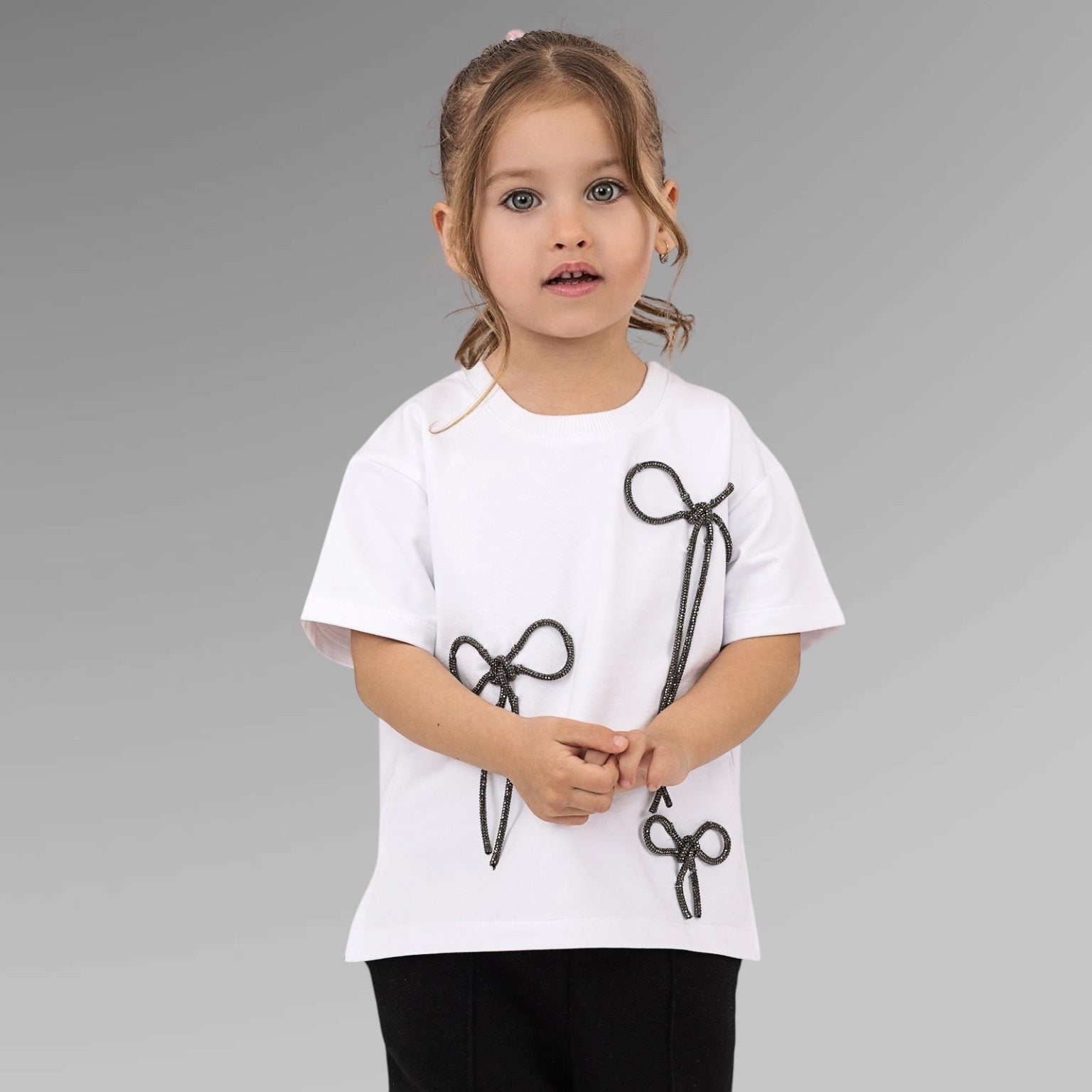 Set compleuri mama fiica alb-negru cu funde din strasuri