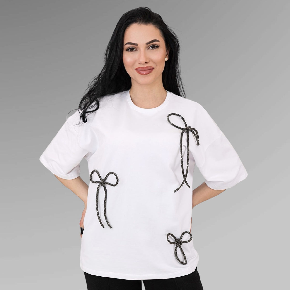 Set compleuri mama fiica alb-negru cu funde din strasuri