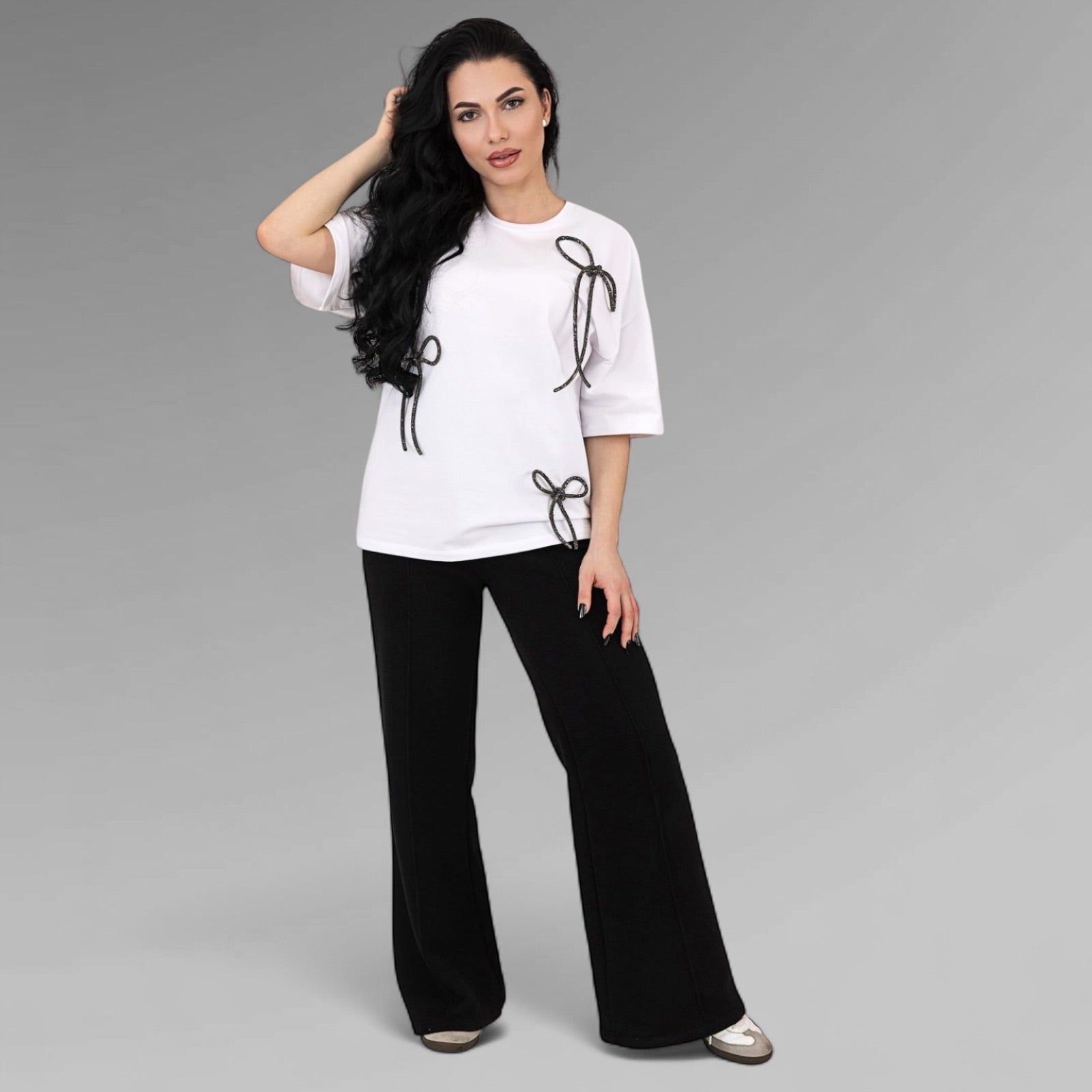 Set compleuri mama fiica alb-negru cu funde din strasuri