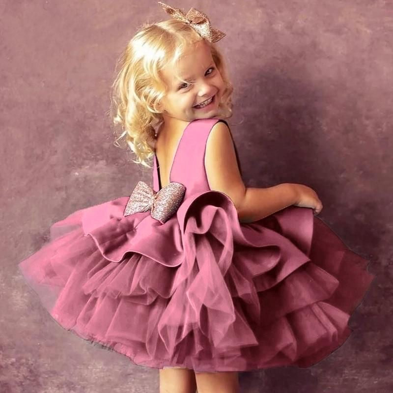 Rochie fete roz pudra cu tul si funda cu paiete Glamorous