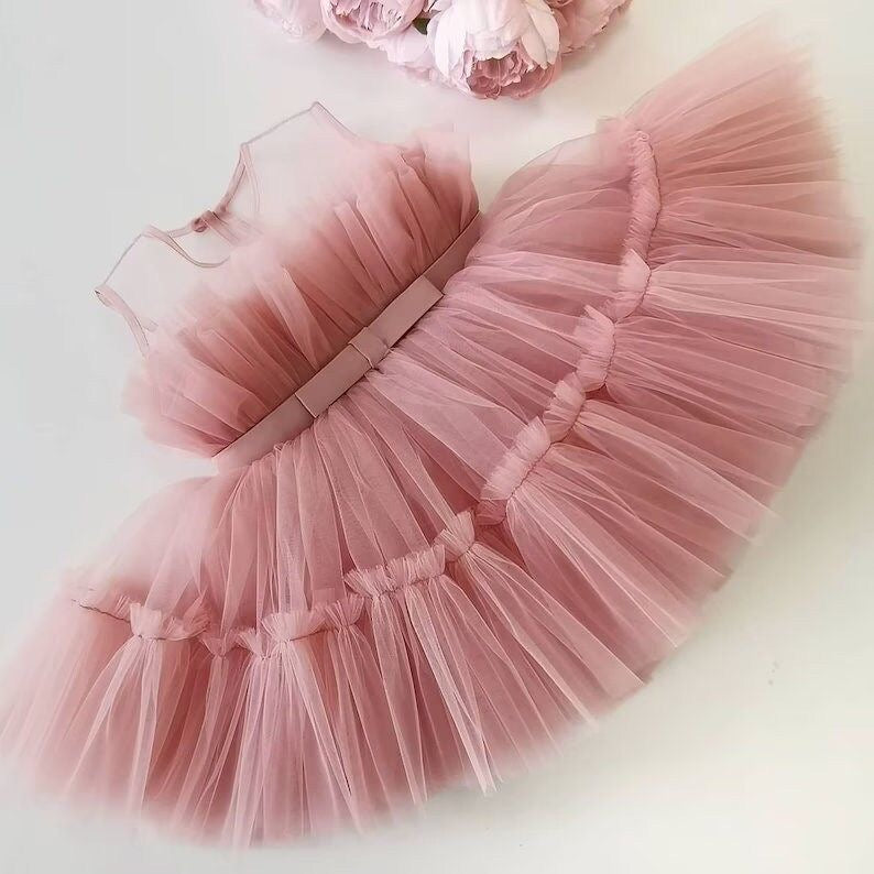 Rochie fete roz pudra din tul cu funda Preciosa