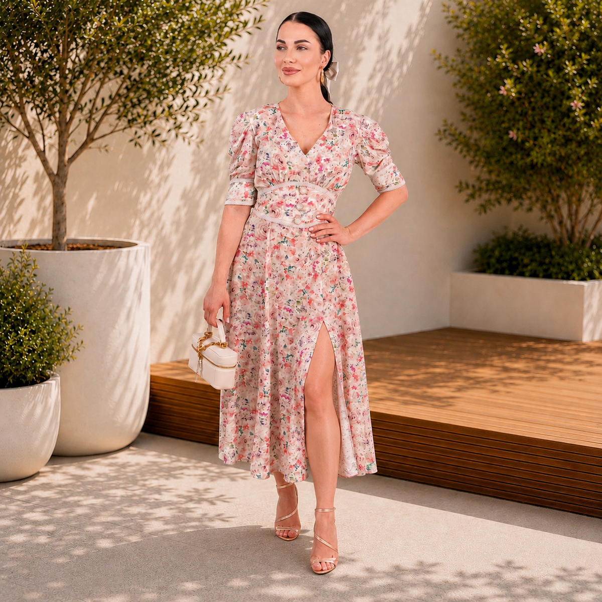 Rochie dama midi cu imprimeu floral roz