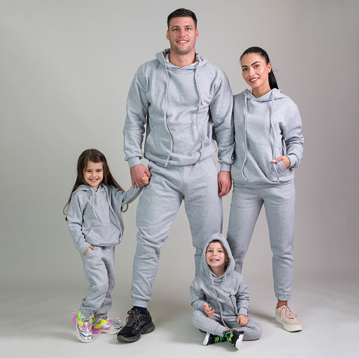 Set treninguri de familie gri melange cu detaliu snur supradimensionat
