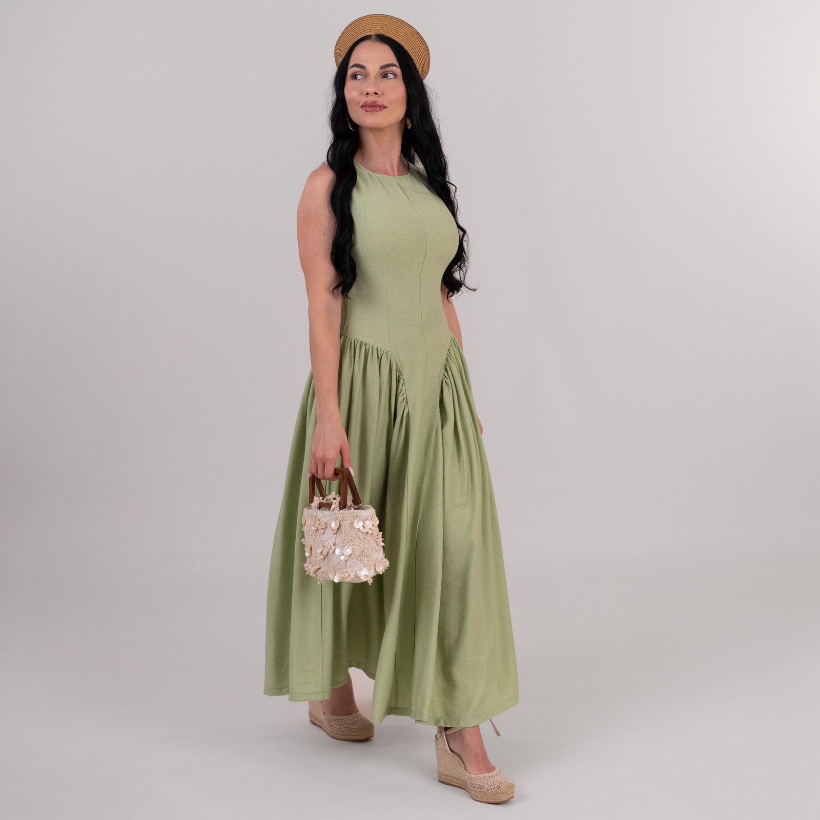 Rochie dama verde din in cu talie accentuata si falduri