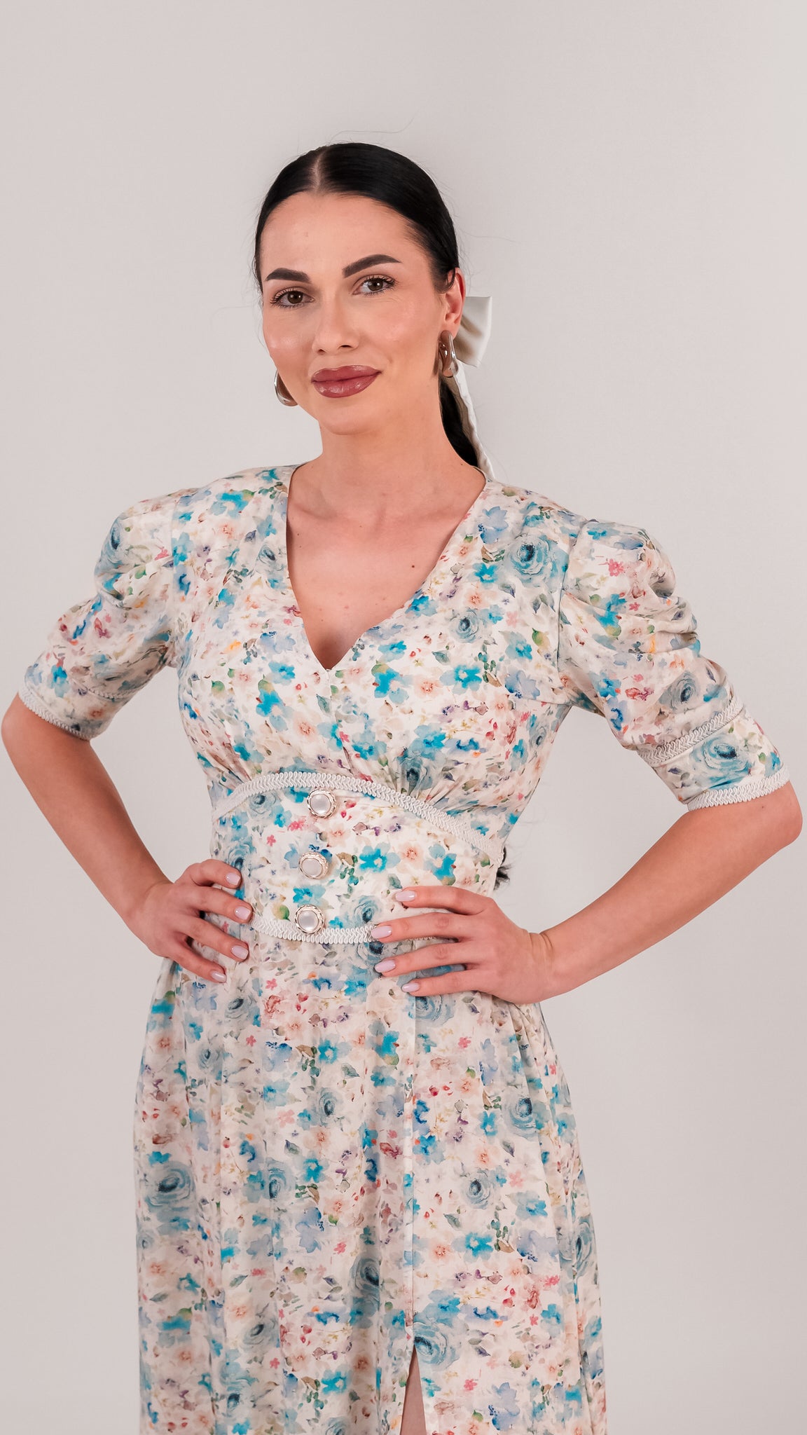 Set rochii mama fiica midi cu imprimeu floral bleu