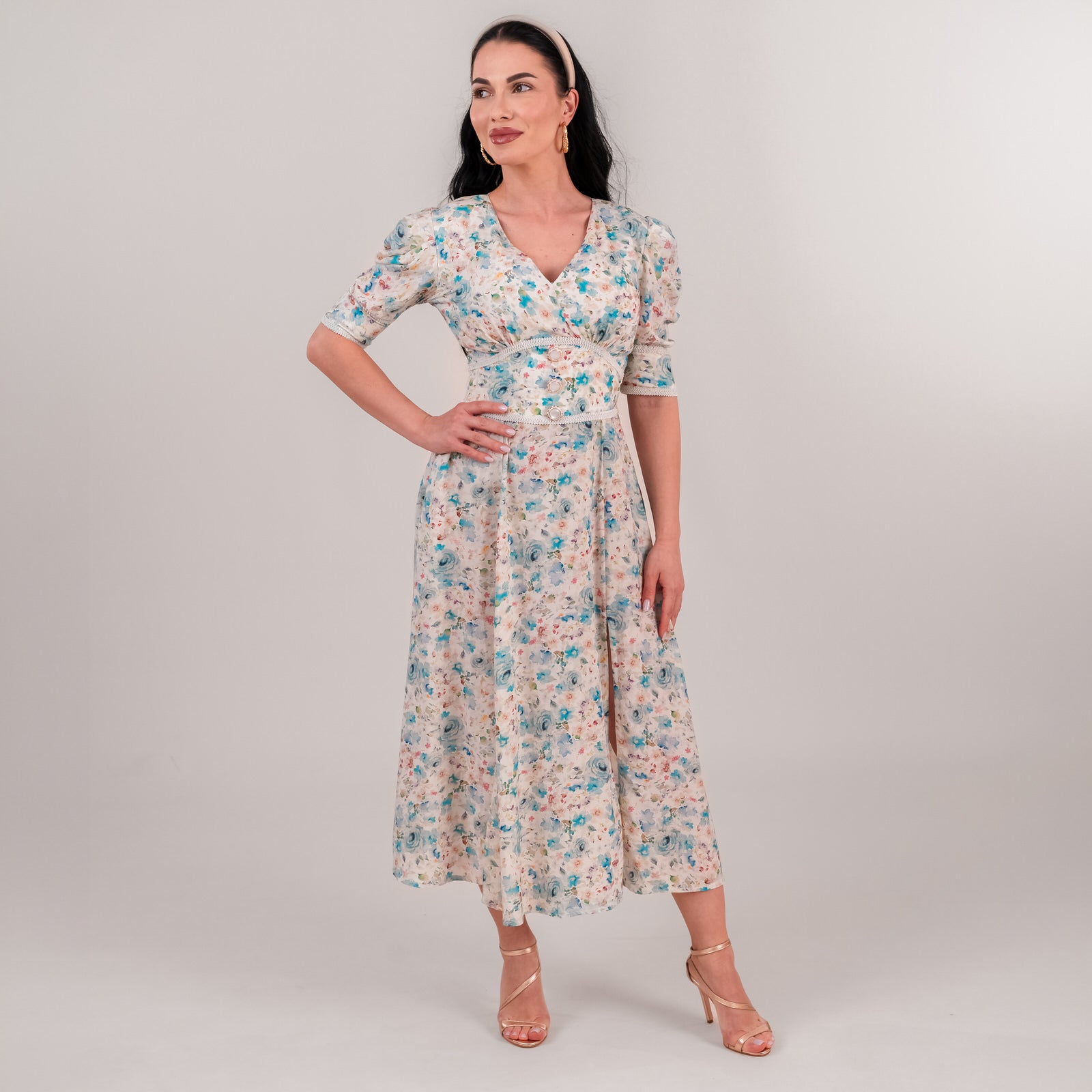 Set rochii mama fiica midi cu imprimeu floral bleu