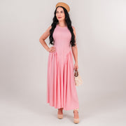 Rochie dama roz din in cu talie accentuata si falduri