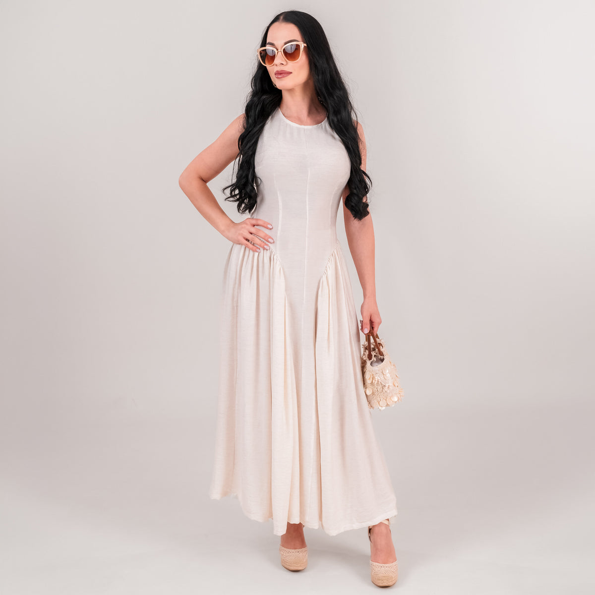 Rochie dama ecru din in cu talie accentuata si falduri
