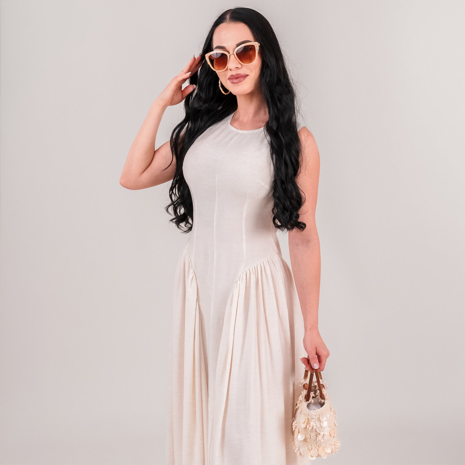 Rochie dama ecru din in cu talie accentuata si falduri