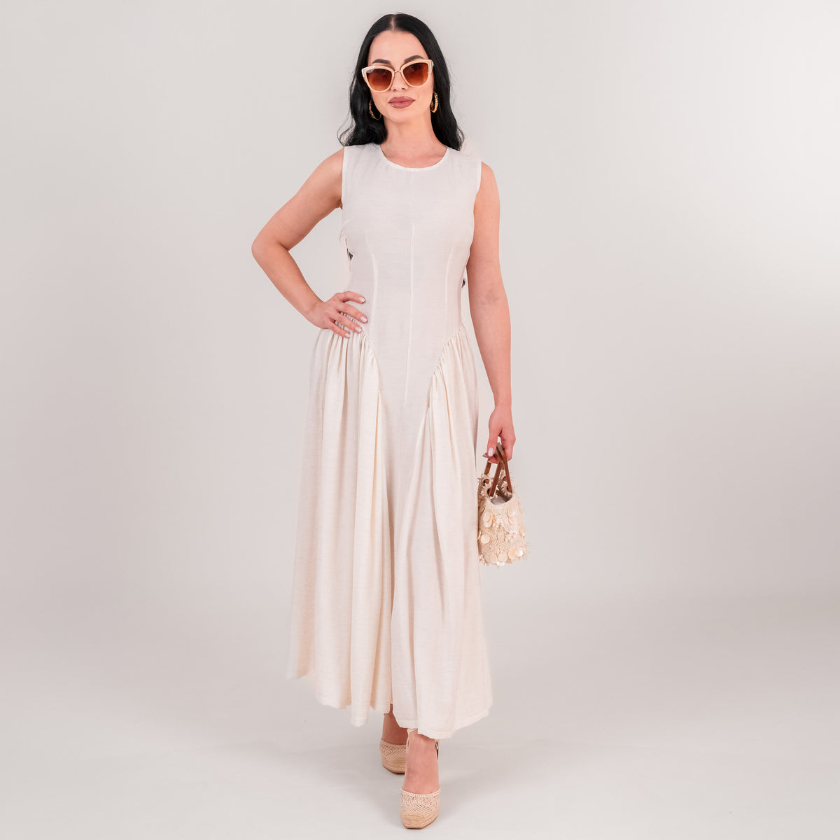 Rochie dama ecru din in cu talie accentuata si falduri