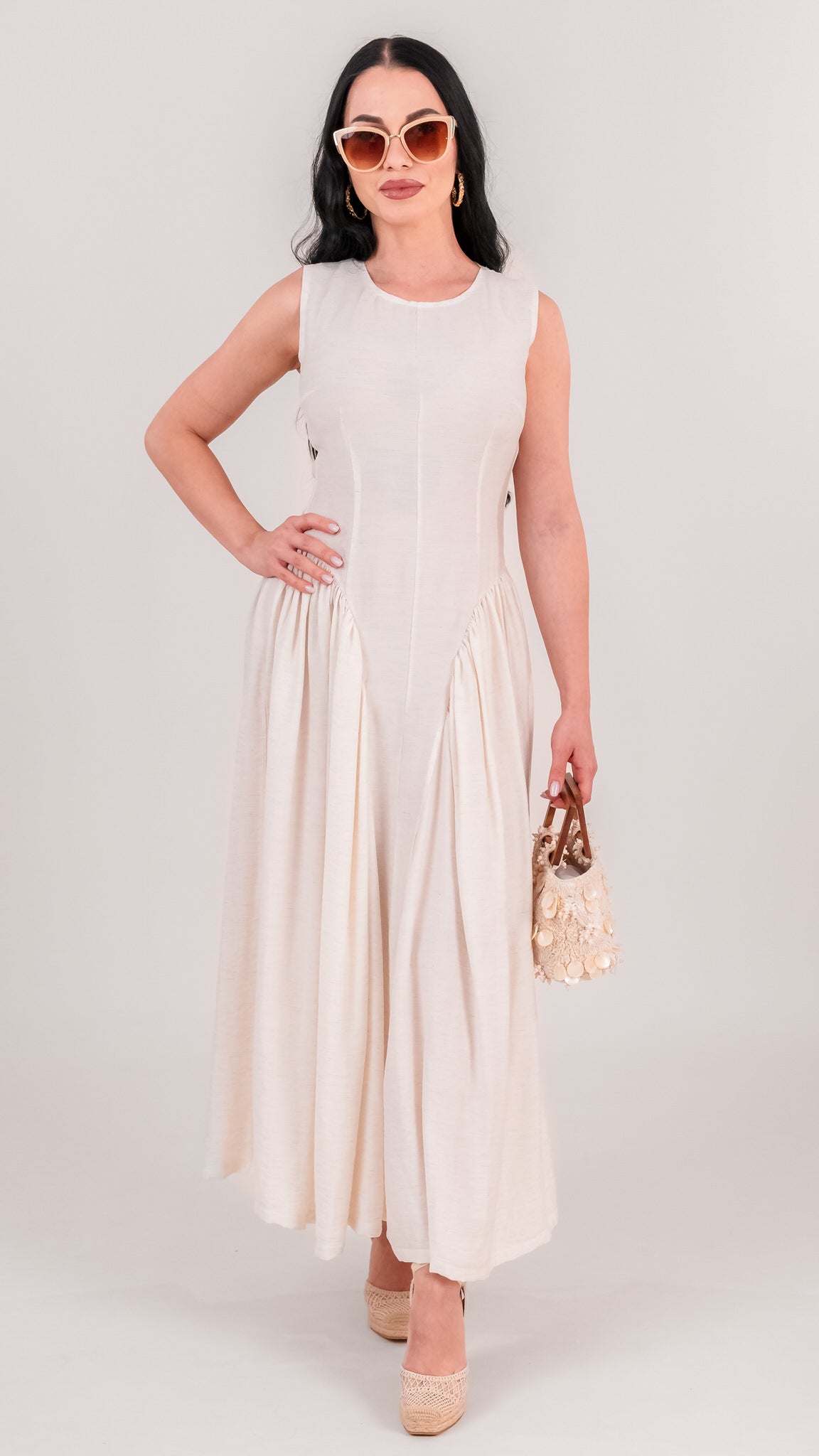 Rochie dama ecru din in cu talie accentuata si falduri