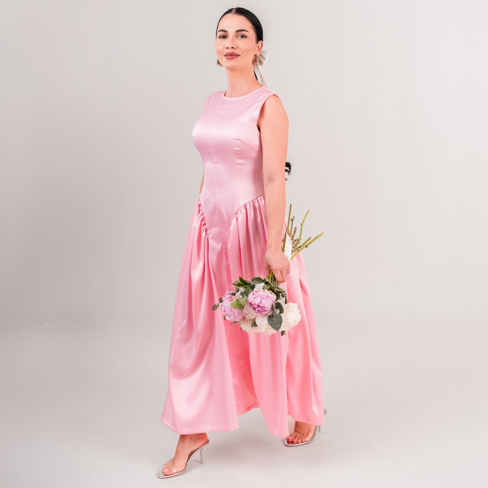 Rochie dama roz din tafta cu talie accentuata si falduri