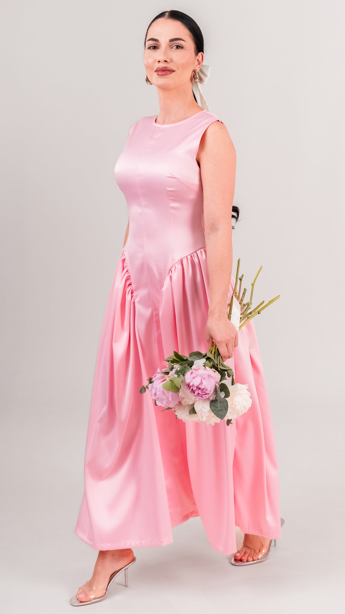 Rochie dama roz din tafta cu talie accentuata si falduri