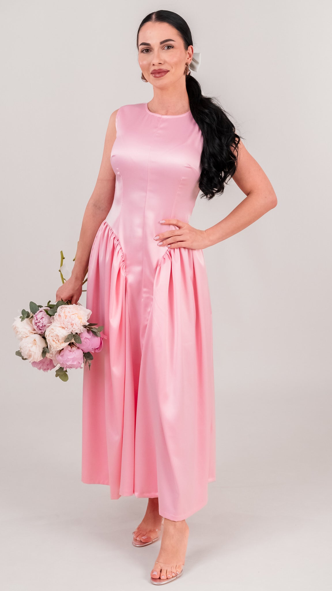 Rochie dama roz din tafta cu talie accentuata si falduri