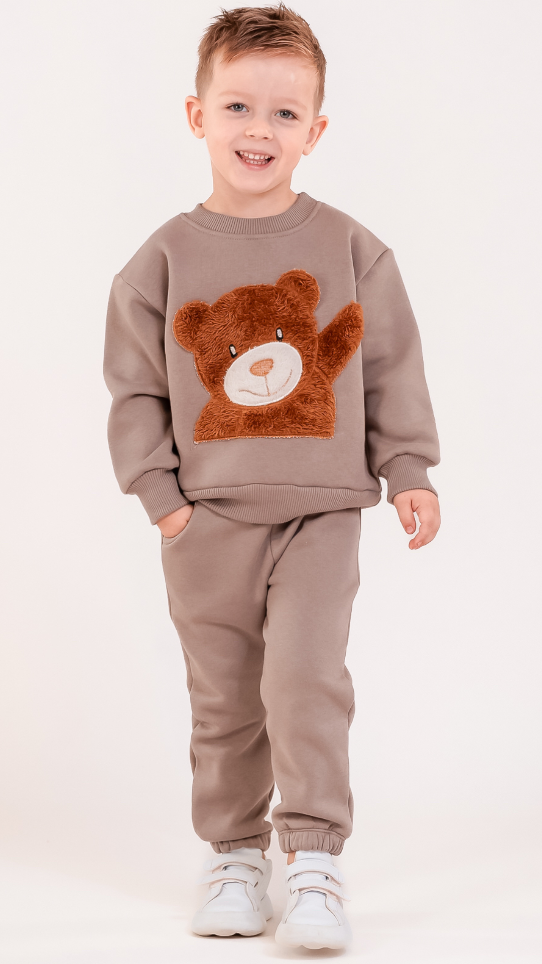 Trening baieti cappuccino cu aplicatie plusata 3D in forma de teddy bear
