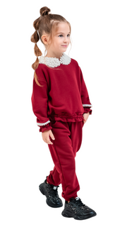 Trening fete burgundy cu guler cu perle si pantaloni jogger