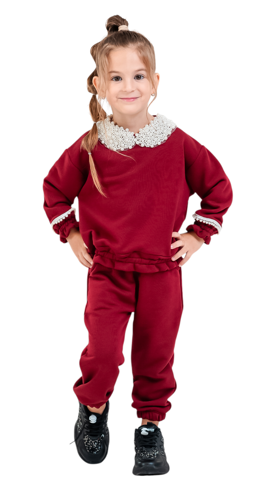 Trening fete burgundy cu guler cu perle si pantaloni jogger