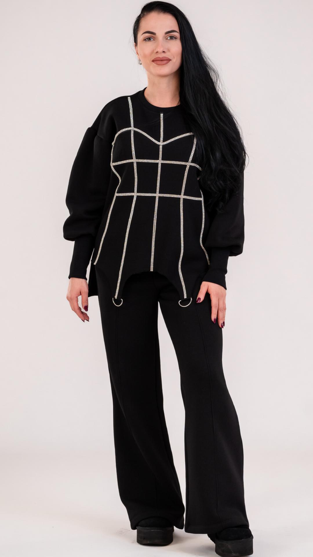 Trening dama negru cu strasuri aplicate tip corset