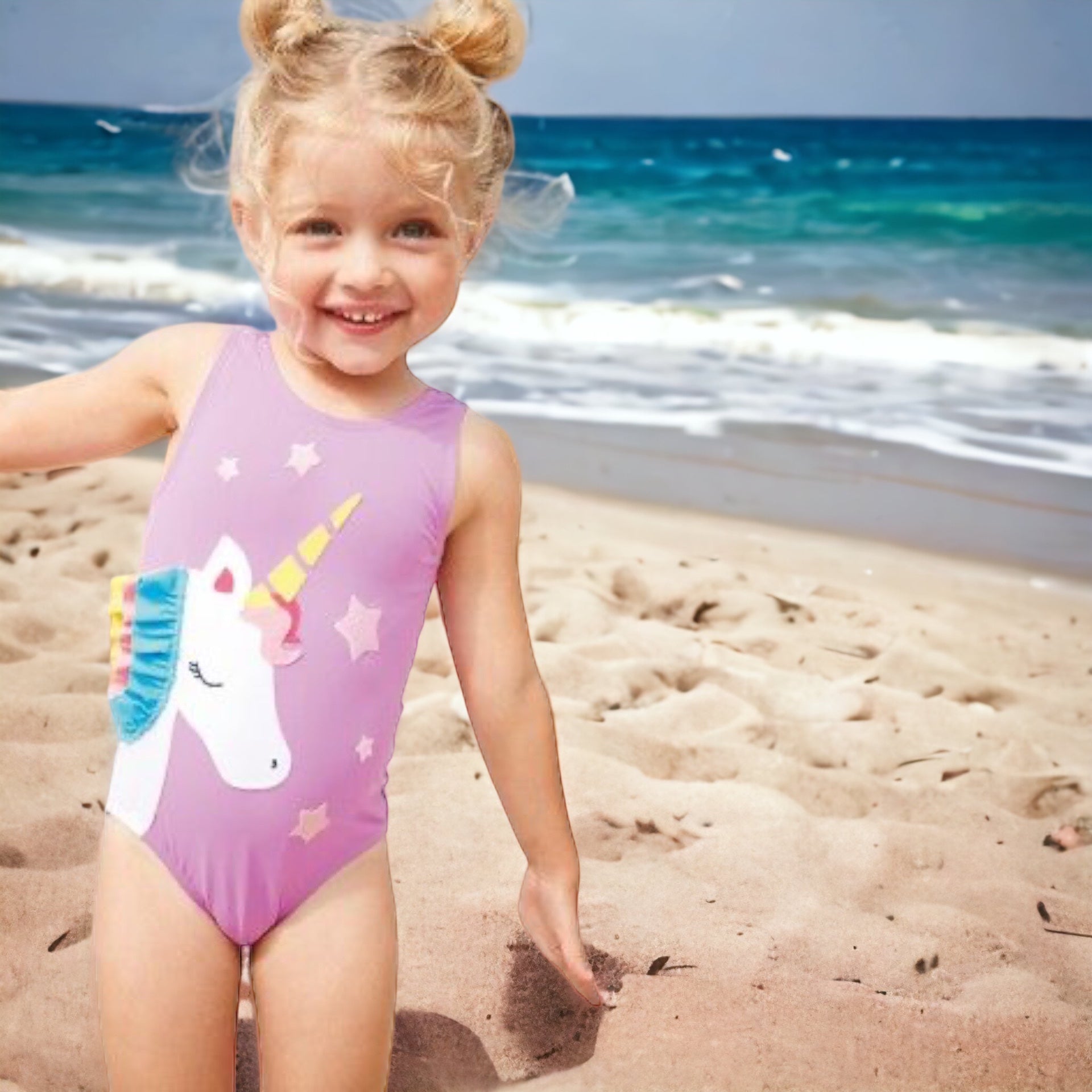 Costum de baie fete cu imprimeu unicorn si aplicatie din volane
