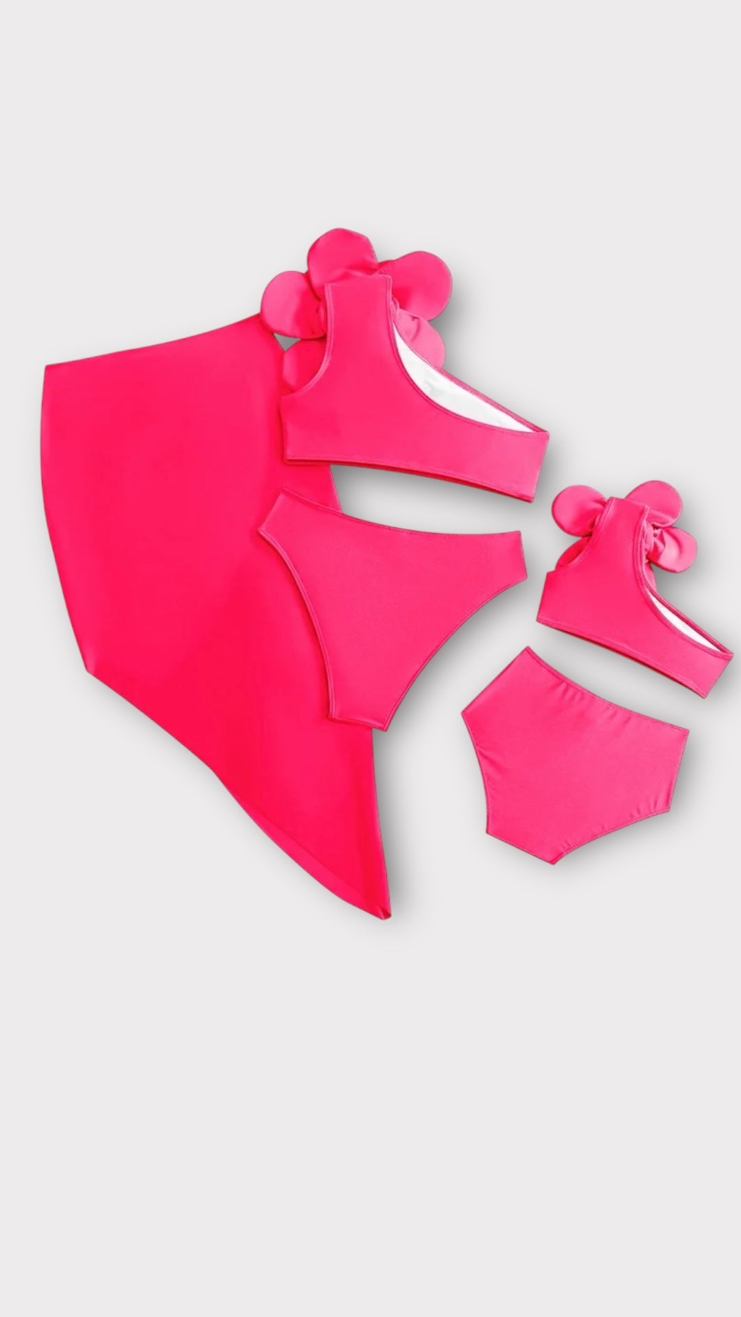 Set costume de baie mama fiica din doua piese fuchsia cu floare supradimensionata
