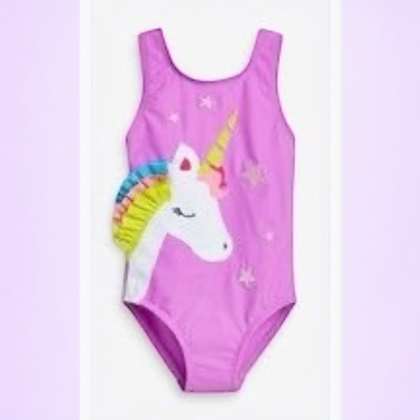 Costum de baie fete cu imprimeu unicorn si aplicatie din volane