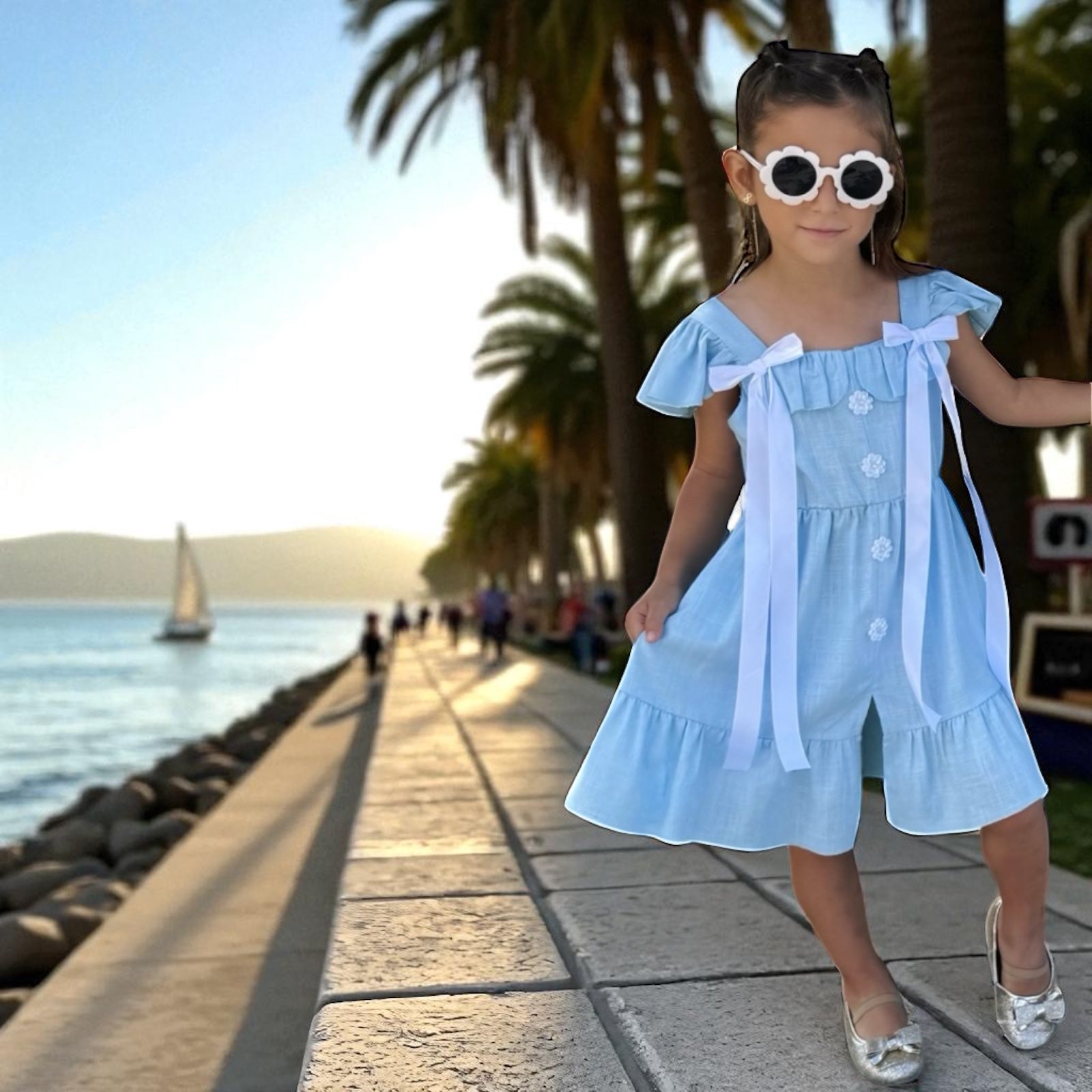 Rochie fete din in bleu cu volane, nasturi decorativi si funde satinate