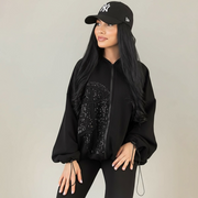 Hanorac dama negru cu aplicatie tip corset si paiete
