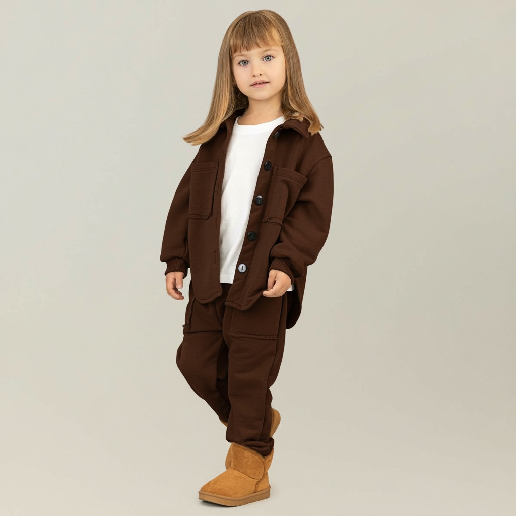 Trening copii maro ciocolata format din jacheta tip camasa si pantaloni jogger